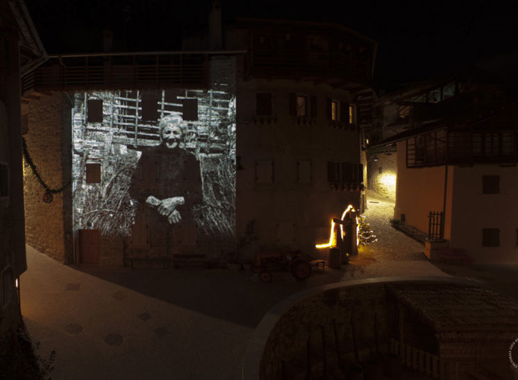 A still frame from the Christmas market projection mapping in Rango, Italy